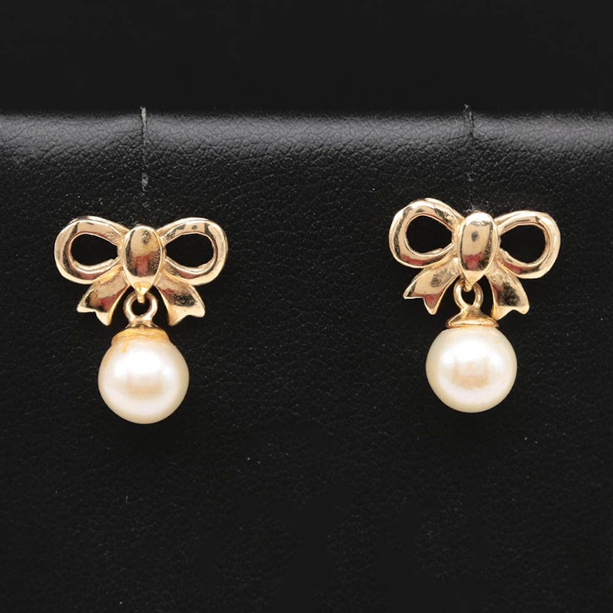 14K Yellow Gold Cultured Pearl Bow Motif Earrings