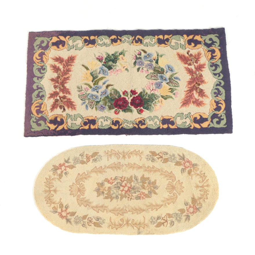 Vintage Hand-Hooked Floral Wool Accent Rugs