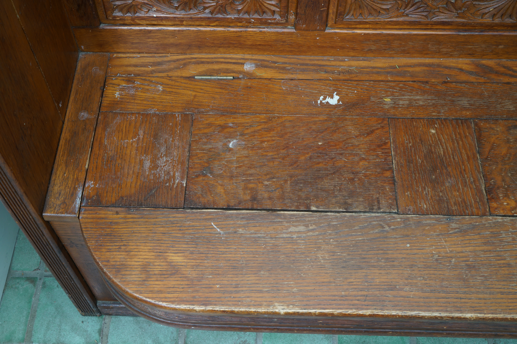 Antique Arts & Crafts Carved Oak Entryway Bench