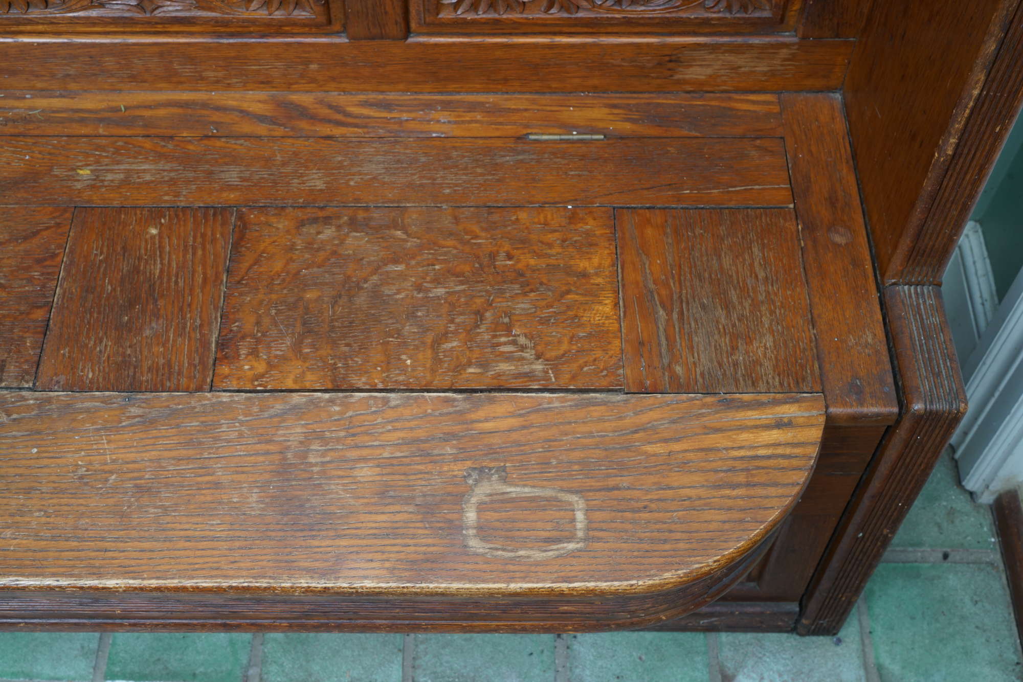 Antique Arts & Crafts Carved Oak Entryway Bench