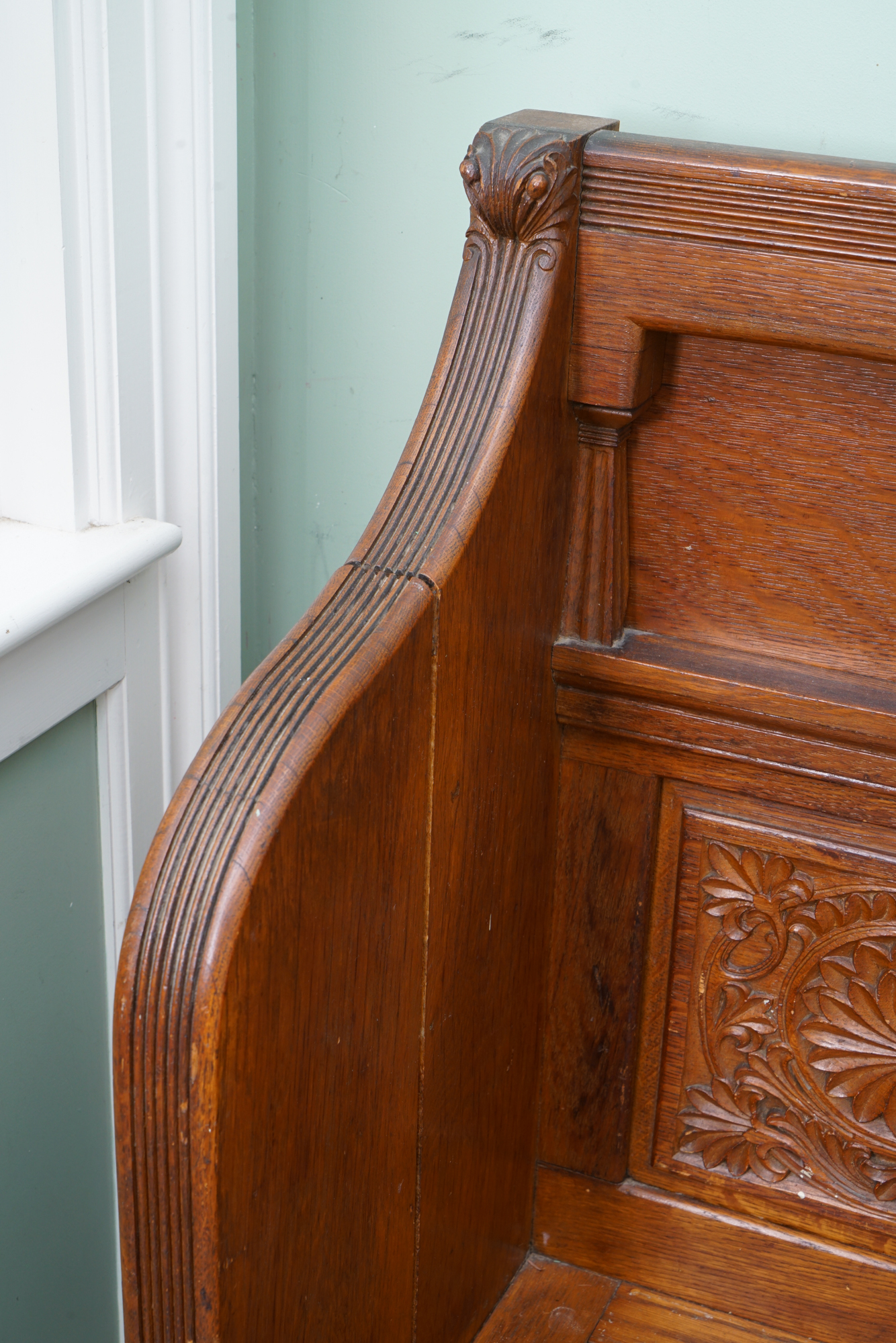 Antique Arts & Crafts Carved Oak Entryway Bench