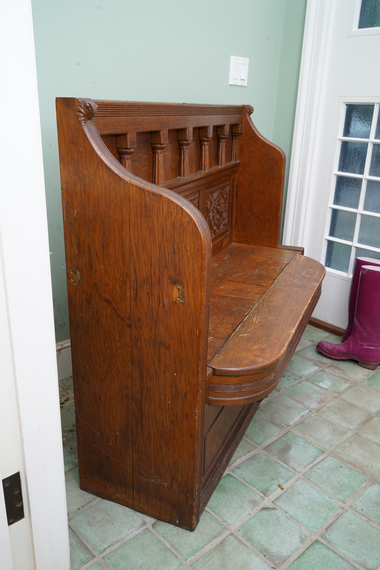 Antique Arts & Crafts Carved Oak Entryway Bench