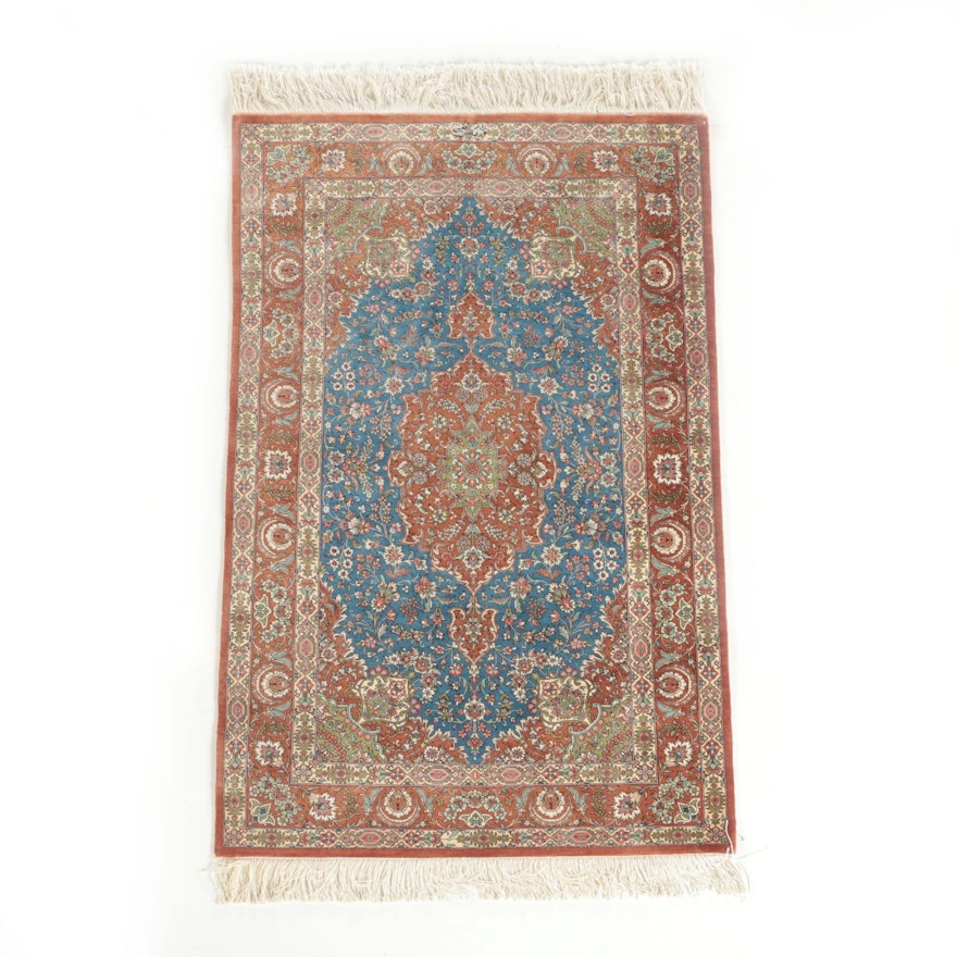 Finely Hand-Knotted Inscribed Turkish Hereke Silk Accent Rug