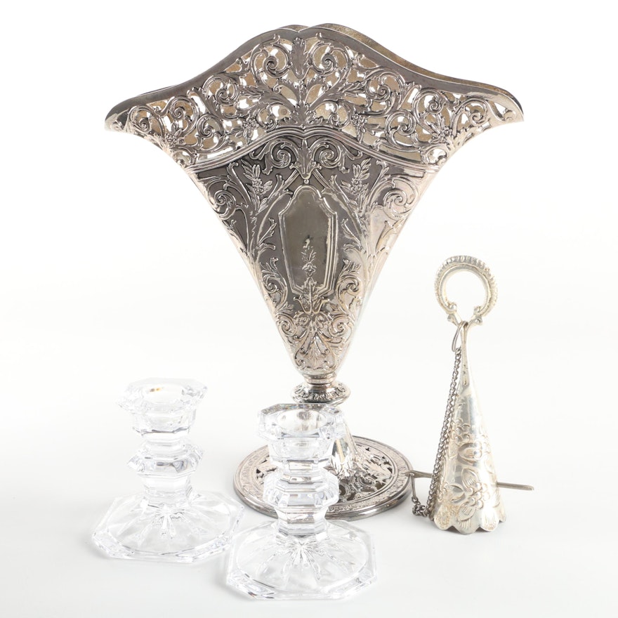 Godinger Art Nouveau Style Silver Plate Fan Vase with Crystal Candleholders