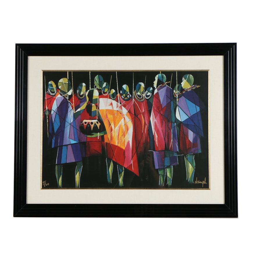 Samuel Akainyah Limited Edition Offset Lithograph of Figures in Maasai Attire