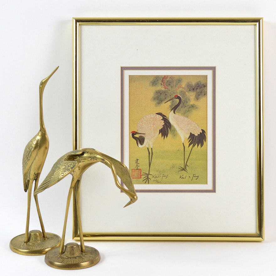 Signed L/E Lithograph After Karl J. Feng "Crane" with Brass Figurines