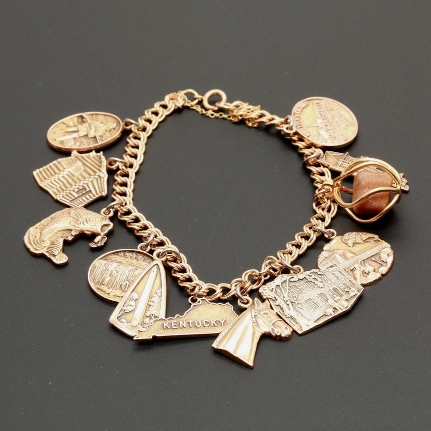 Vintage 14K Yellow Gold Charm Bracelet with Kentucky Themed Charms