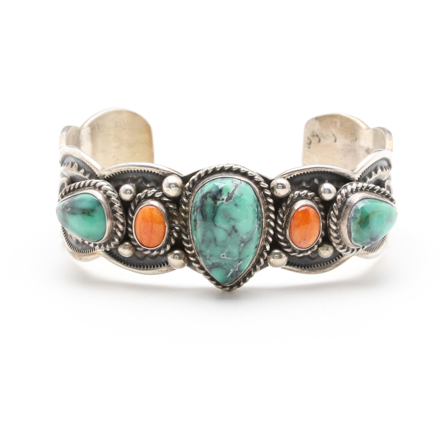 Darrel Cadman Navajo Diné Sterling Silver Turquoise and Spiny Oyster Bracelet