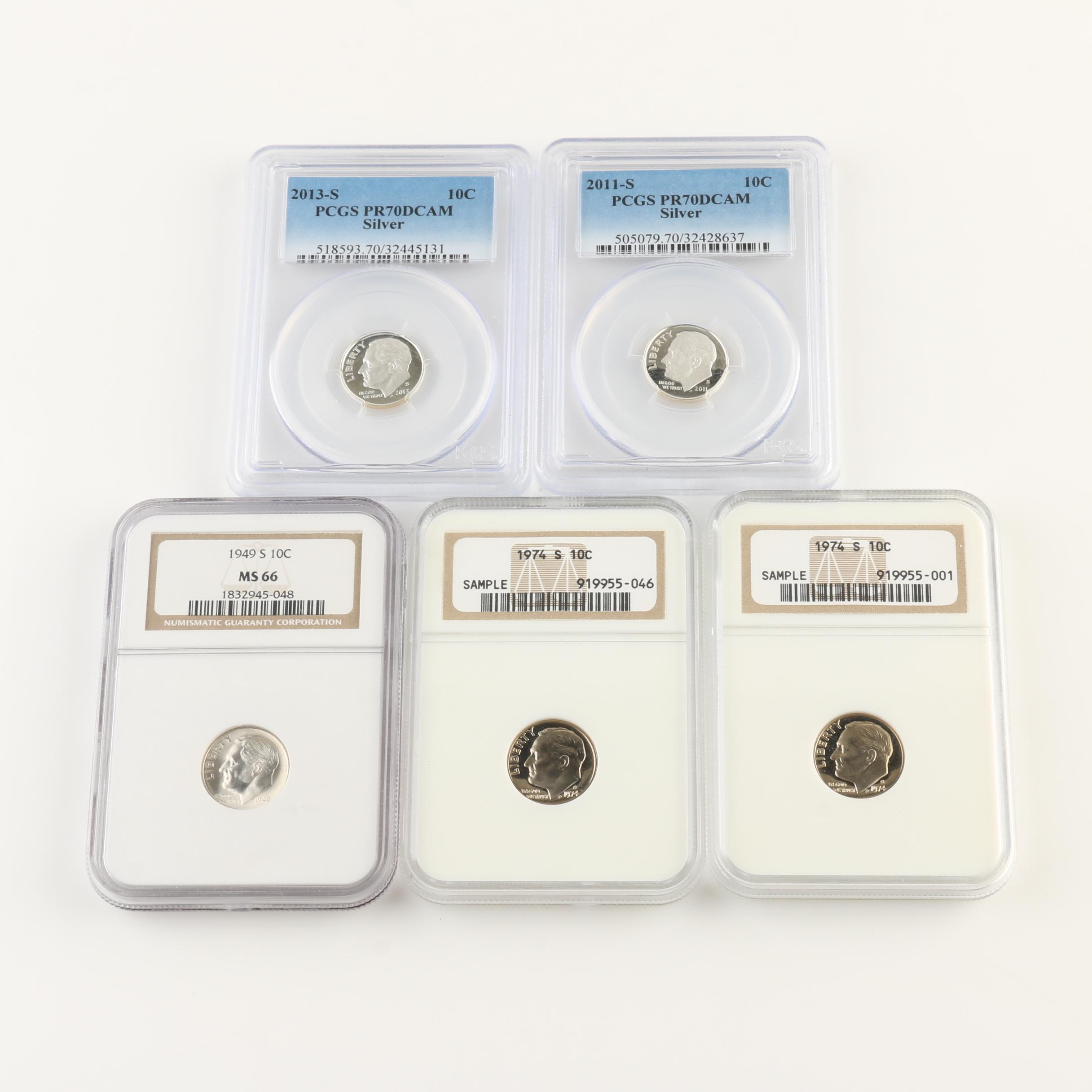 Five Encapsulated Roosevelt Dimes