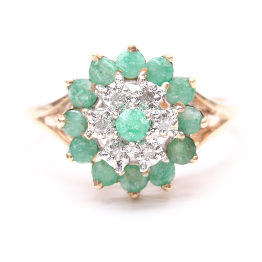 14K Yellow Gold Emerald and Diamond Ring with 14K White Gold Accents