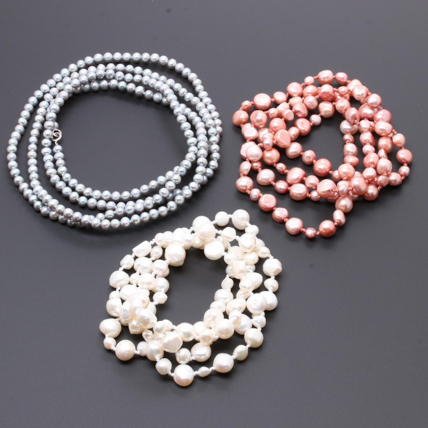 Sterling Silver Cultured Pearl Necklace Selection Including Grey and Pink Pearls
