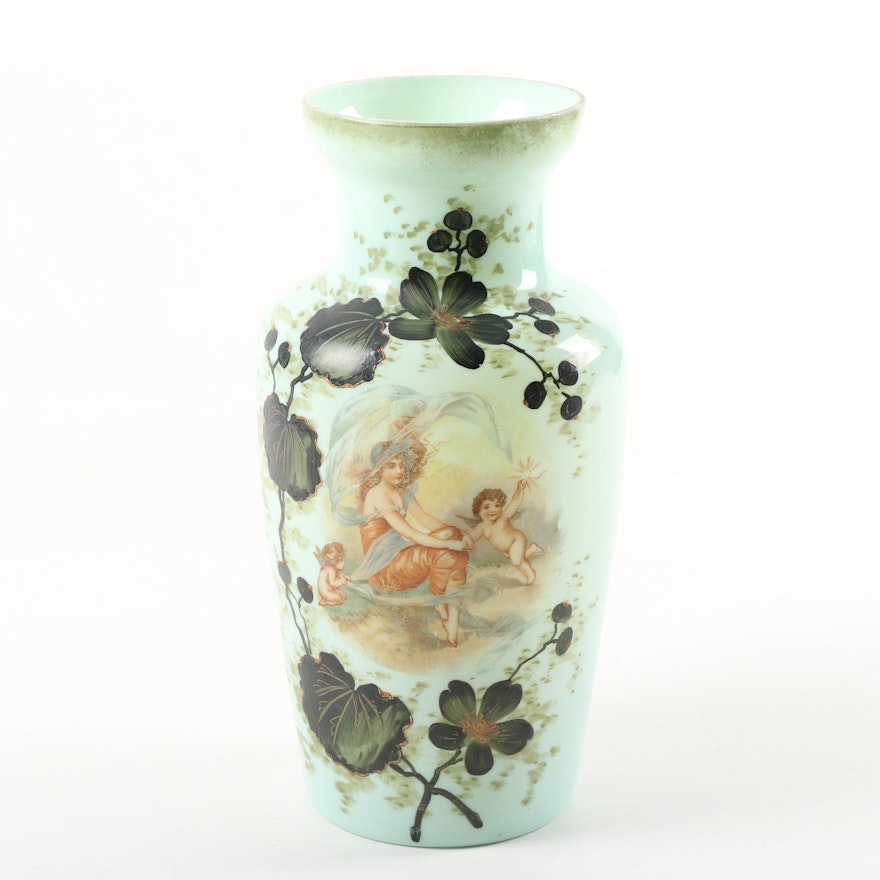 Antique Opalene Glass Vase with Art Nouveau Style Decoration