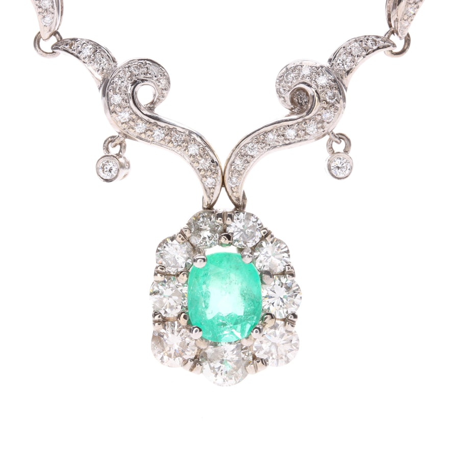 18K White Gold 1.69 CT Emerald and 2.37 CTW Diamond Necklace