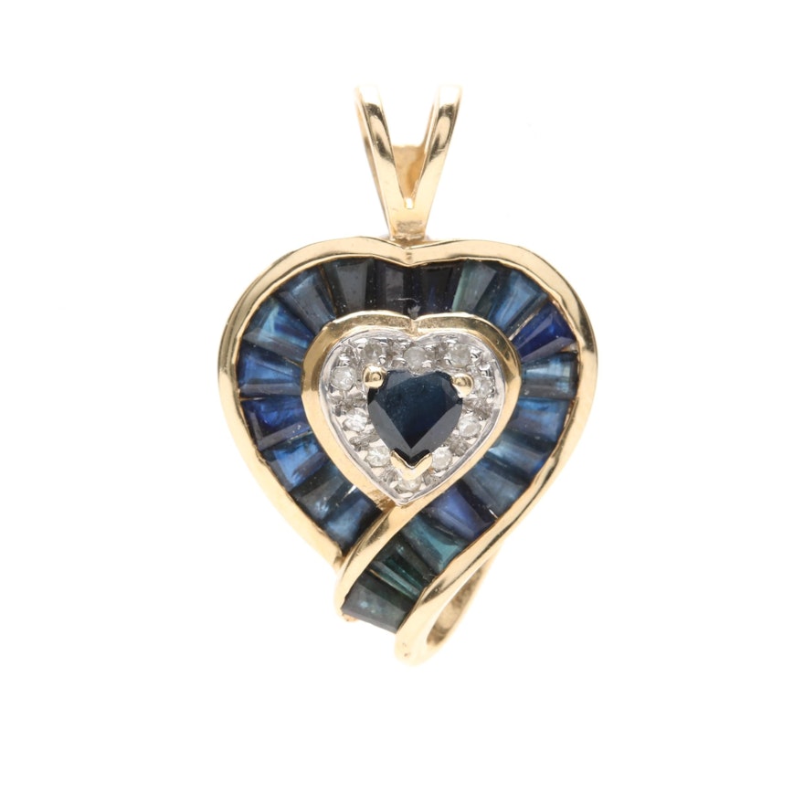 14K Yellow Gold Sapphire and Diamond Heart Pendant