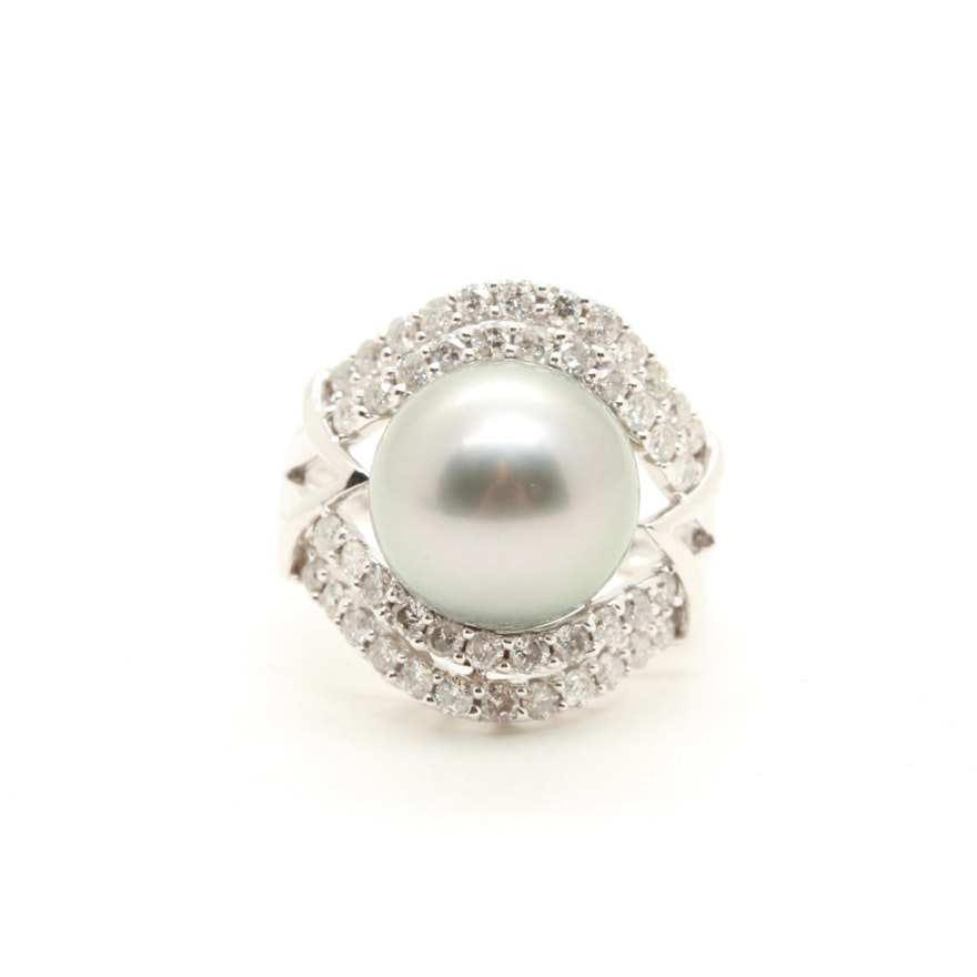 14K White Gold Cultured Tahitian Pearl and 0.92 CTW Diamond Ring