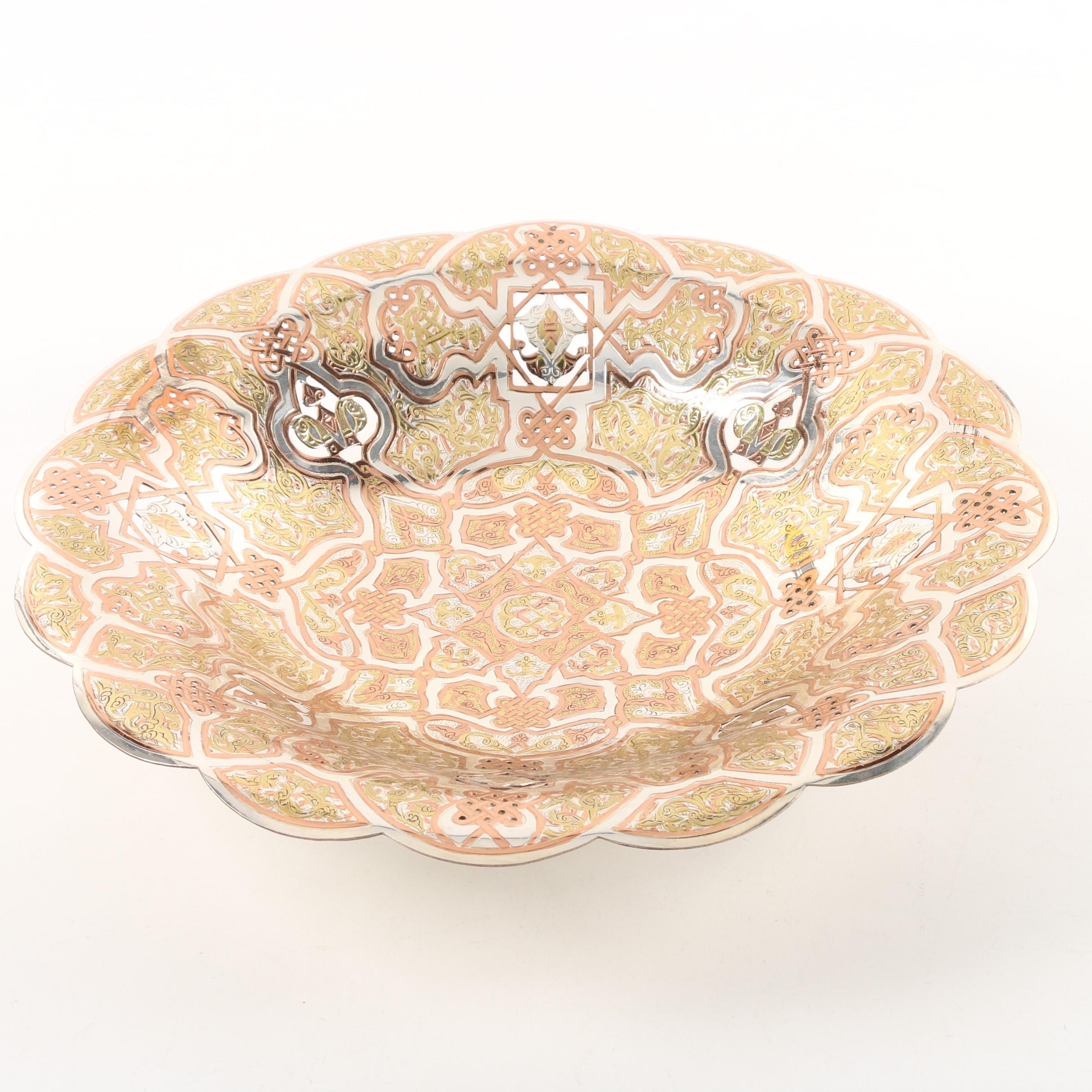 Hosny Gomaa Handmade Egyptian Silver Plate, Copper, and Brass Footed Dish