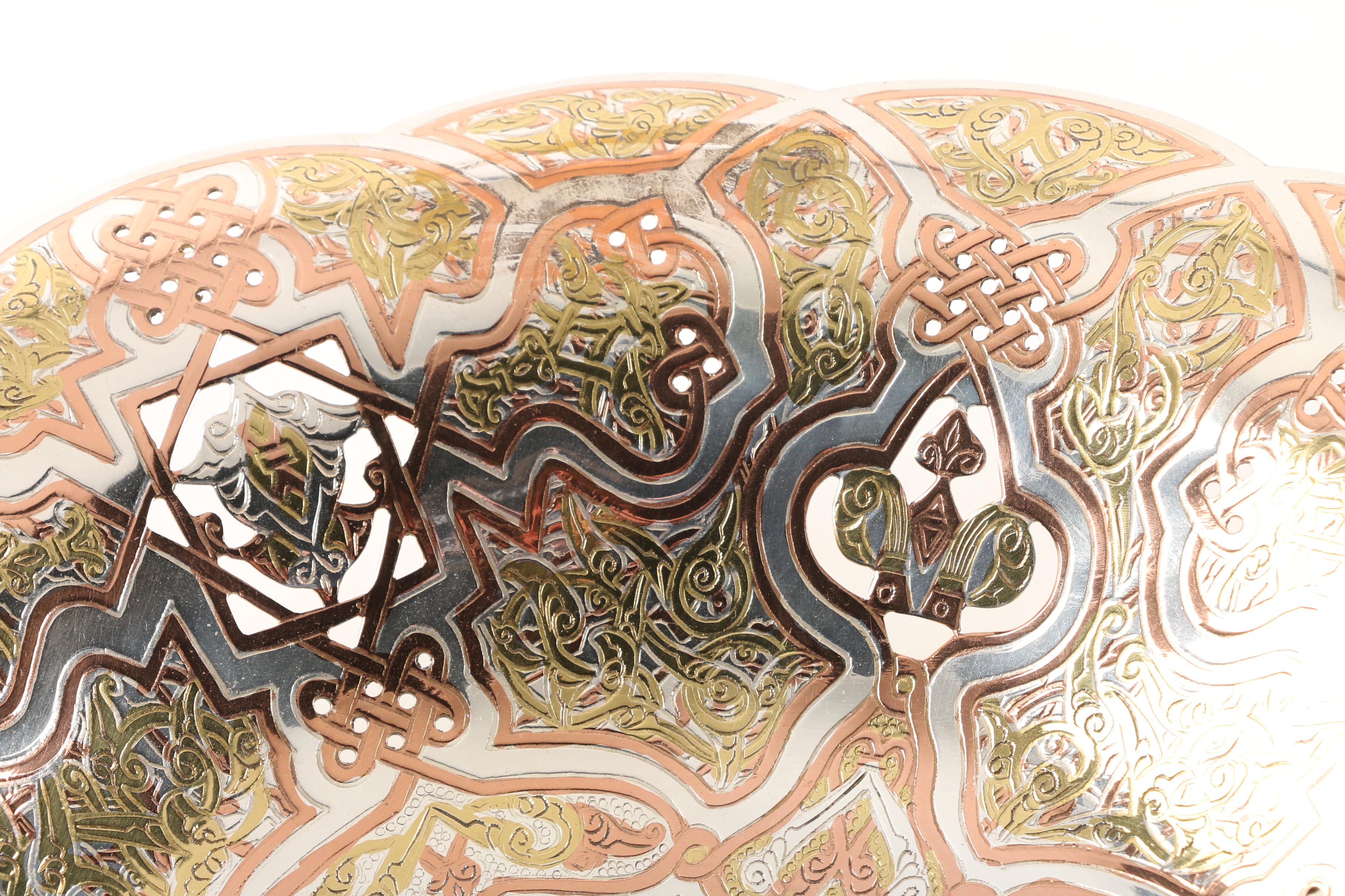 Hosny Gomaa Handmade Egyptian Silver Plate, Copper, and Brass Footed Dish