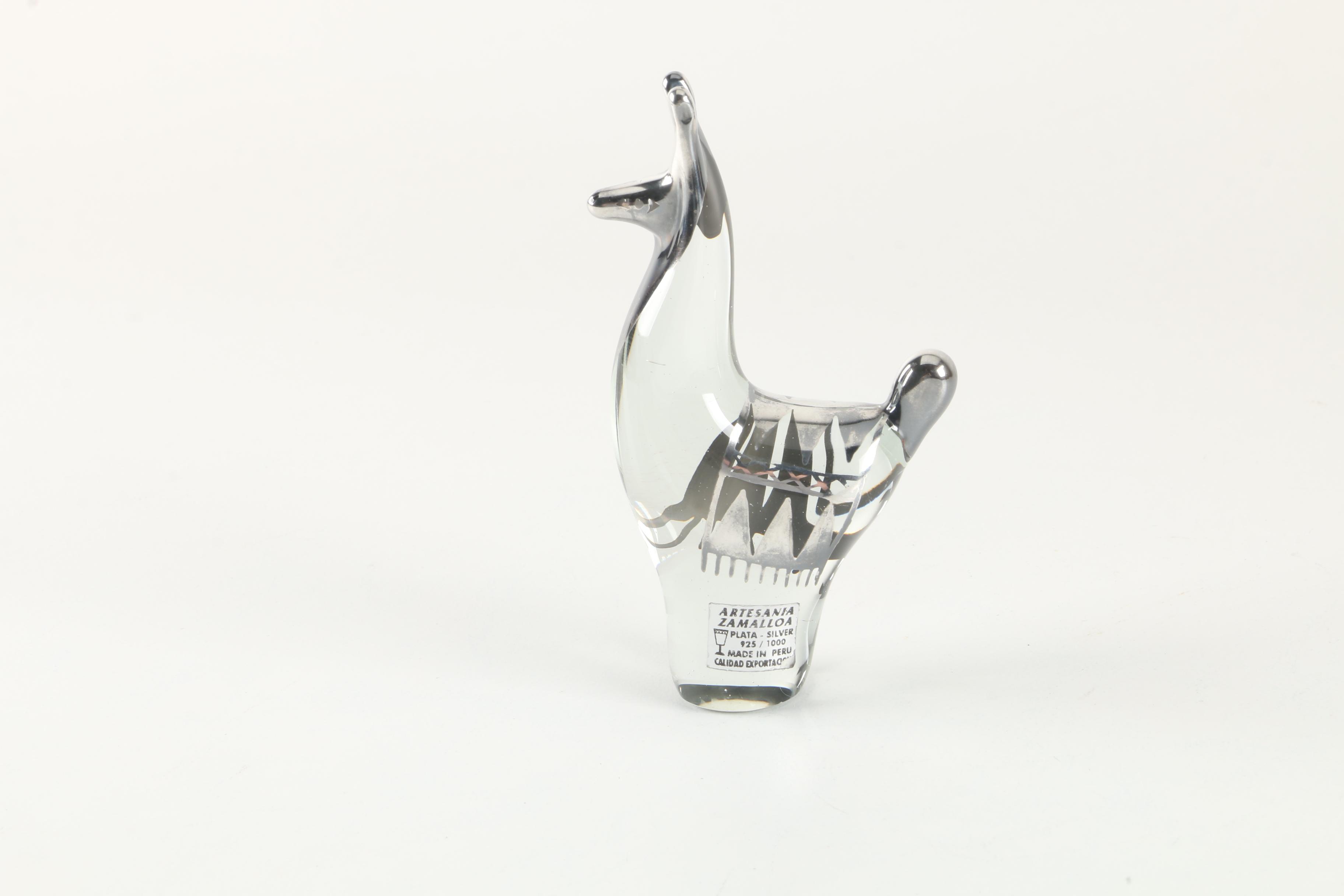 Peruvian Zamalloa Art Glass Llama Figurine with Silver Overlay