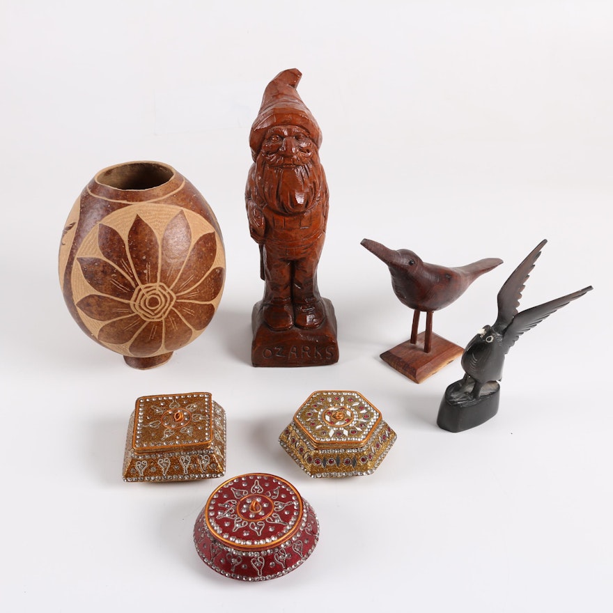 Carved Coconut Shell Vessel, Figurines and Decorative Boxes