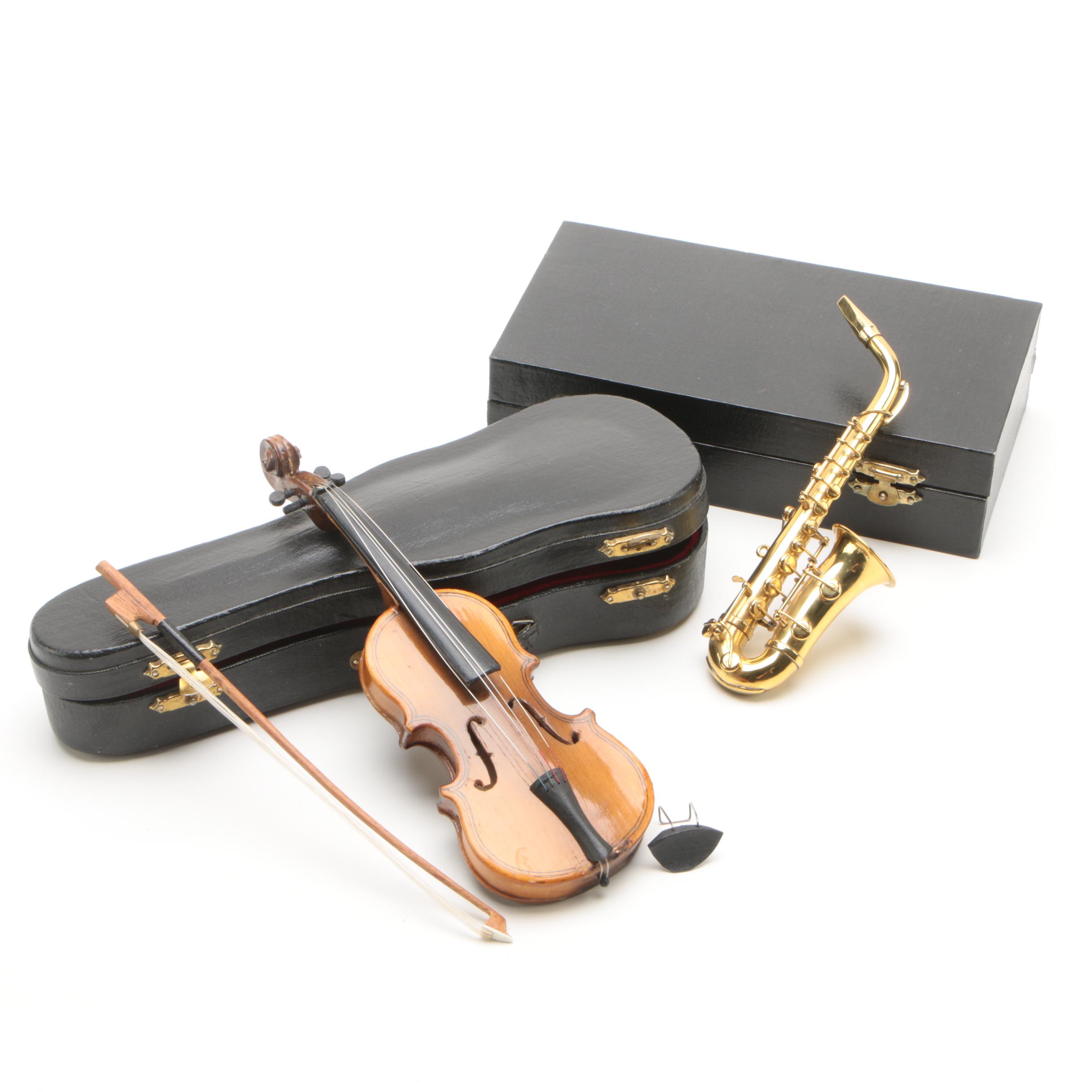 Miniature Violin and Saxophone with Cases, Including Authentic Models