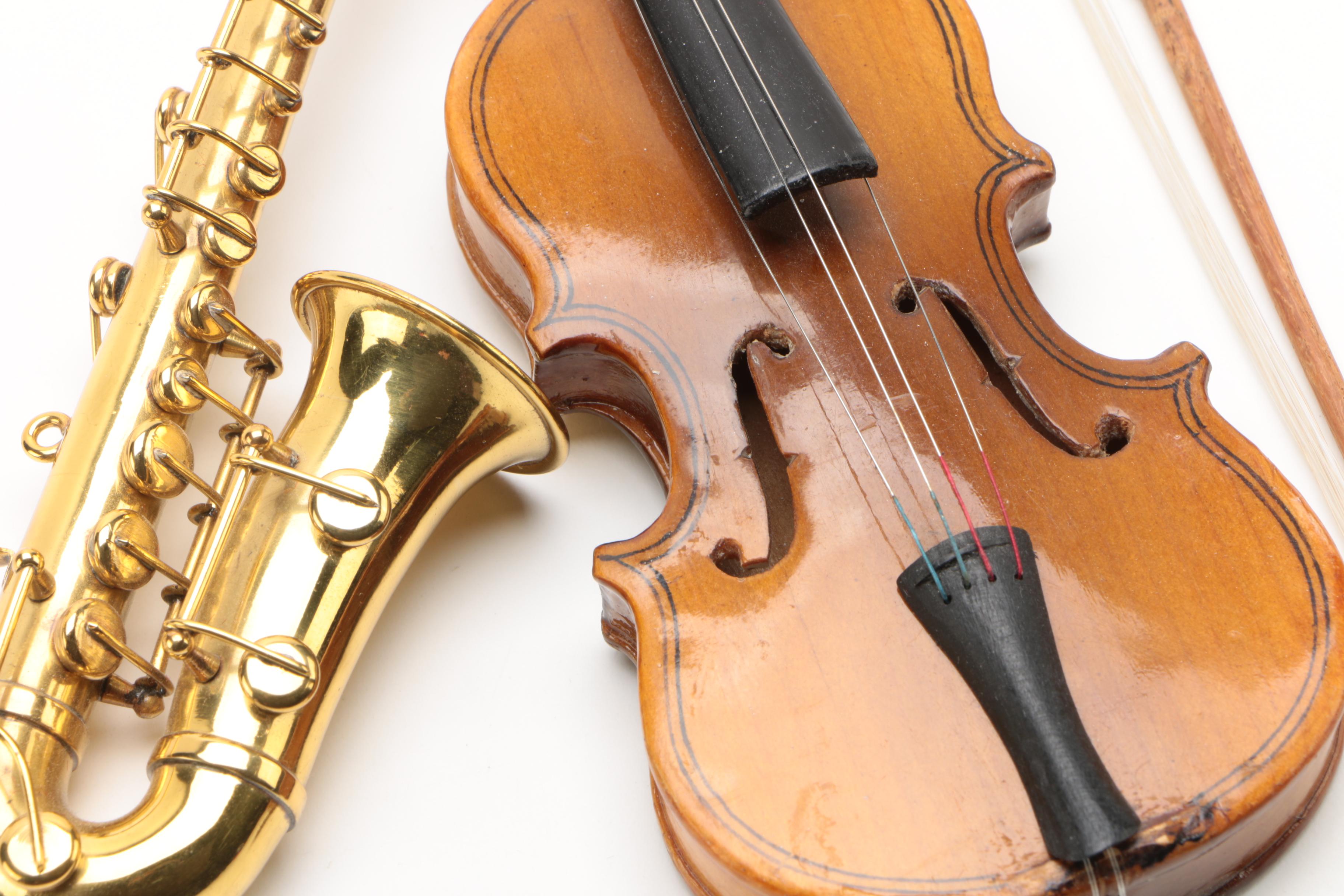 Miniature Violin and Saxophone with Cases, Including Authentic Models