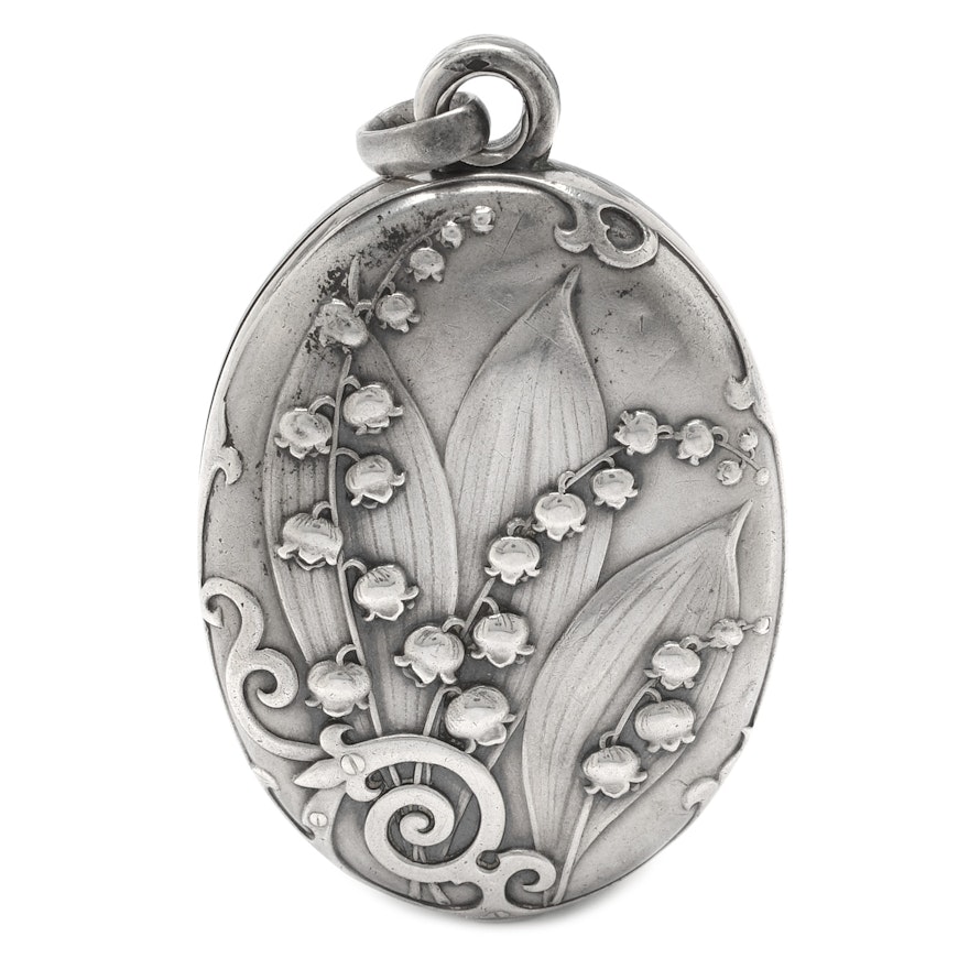 Sterling Silver Art Nouveau Repousse´ Lily of the Valley Mirror Pendant