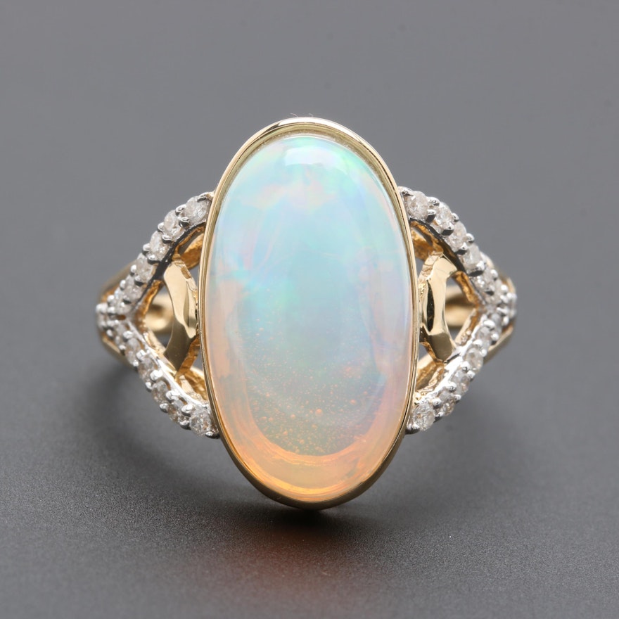 14K Yellow Gold Opal and Diamond Ring