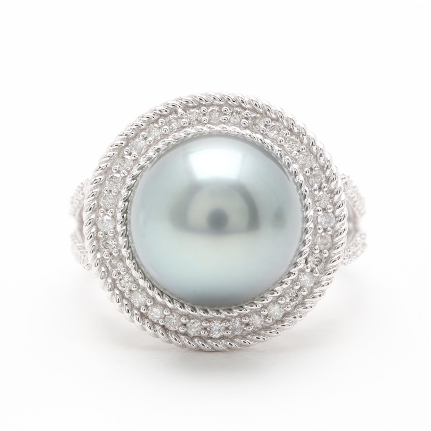 18K White Gold Cultured Pearl and Diamond Ring