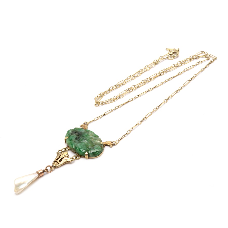 14K Yellow Gold Art Nouveau Jadeite and Pearl Necklace