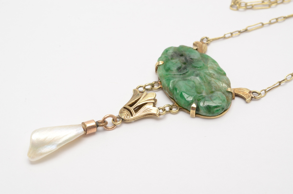 14K Yellow Gold Art Nouveau Jadeite and Pearl Necklace