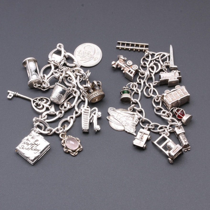 Vintage Sterling Silver Railroad and Mother Themed Charm Bracelets