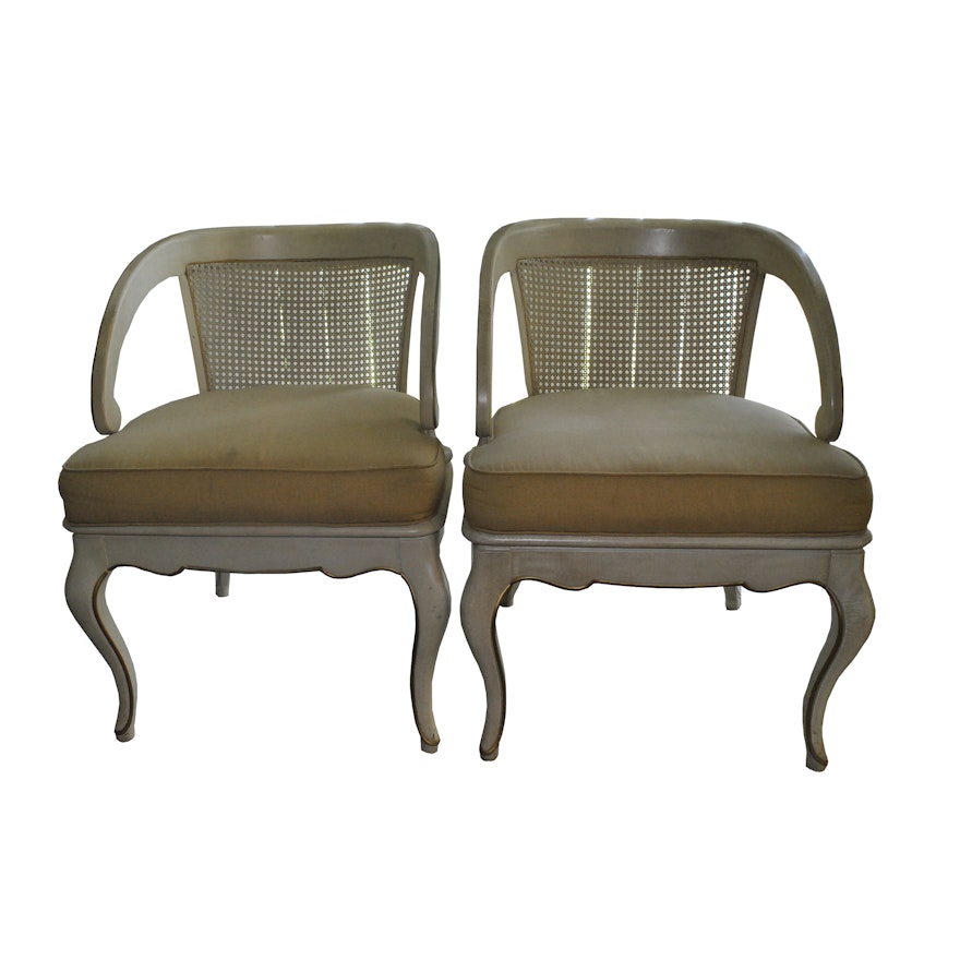 Cream and Gold Cane Back Louis XV Style Tub Chairs with Gold Seat Cushions