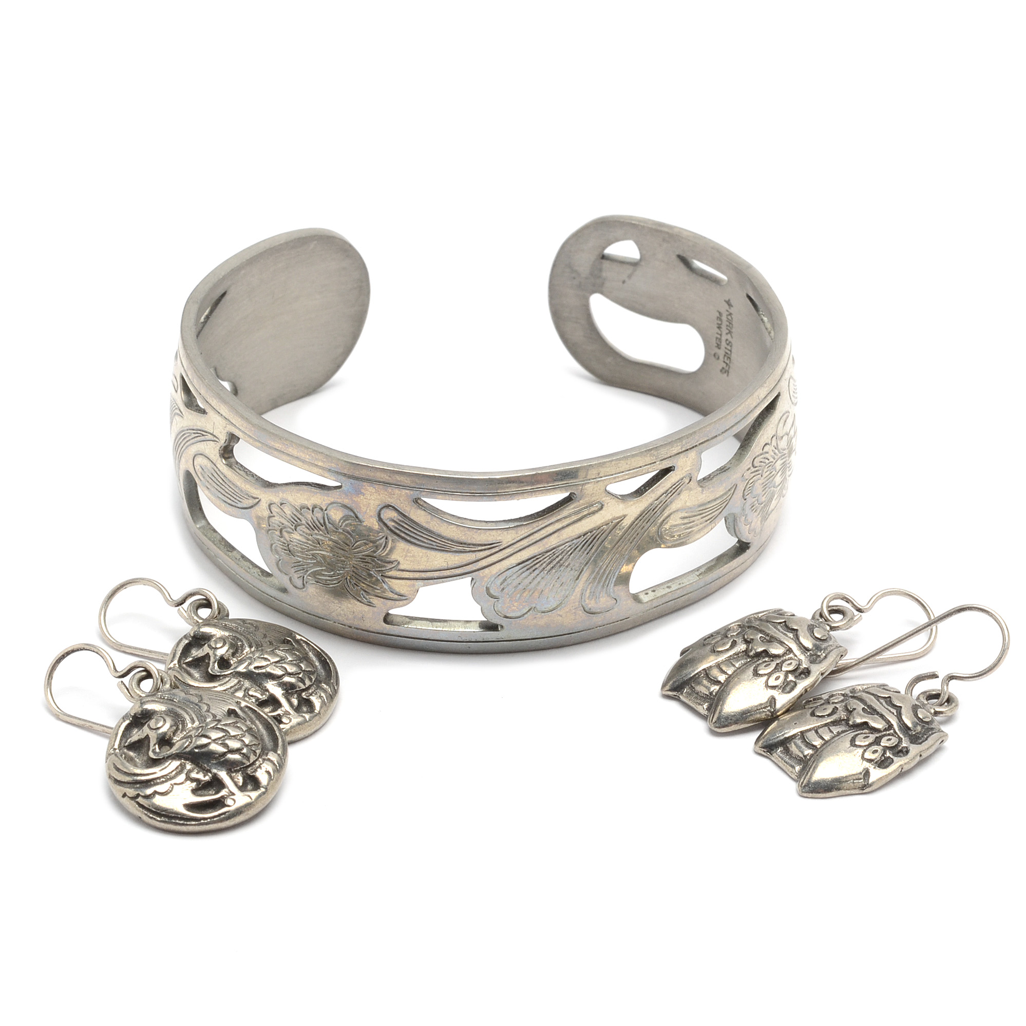 Fumiko Ukai Pewter Earrings and Kirk Steiff Pewter Cuff Bracelet