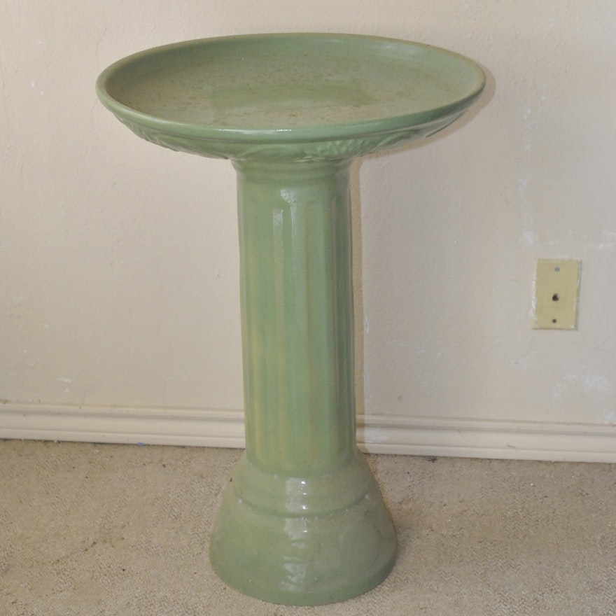 Glazed Green Ceramic Bird Bath