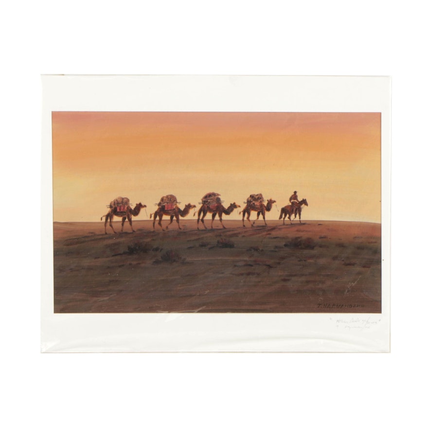 T. Narmandakh Oil Painting of a Camel Caravan