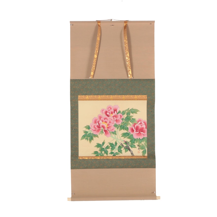 East Asian Ink and Gouache Painted Hanging Scroll of Peonies
