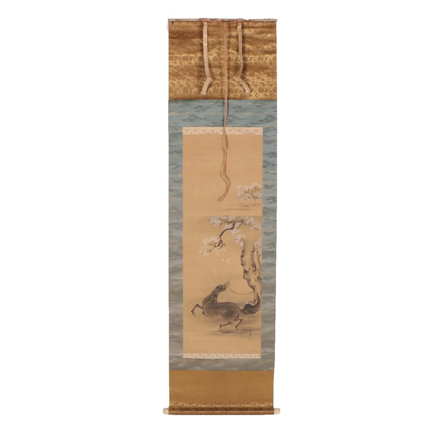 East Asian Ink and Gouache Hanging Scroll of Horse