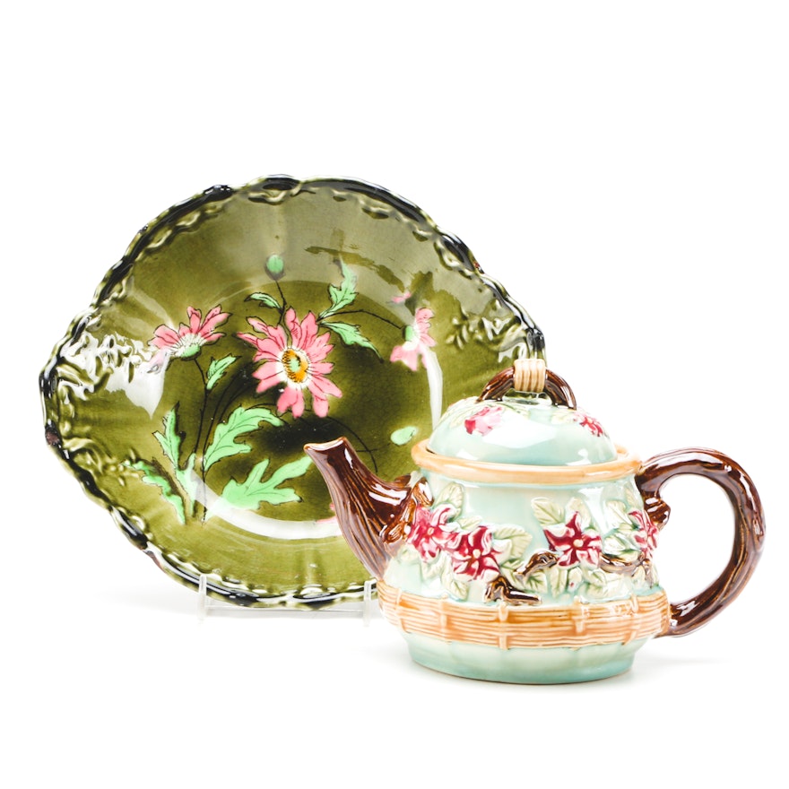 Majolica Art Pottery Including Teapot and Bowl