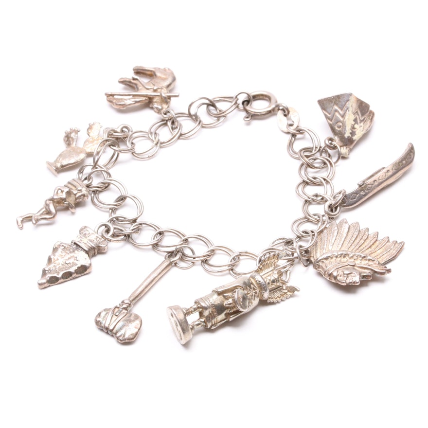 Sterling Silver Southwestern Themed Charm Bracelet