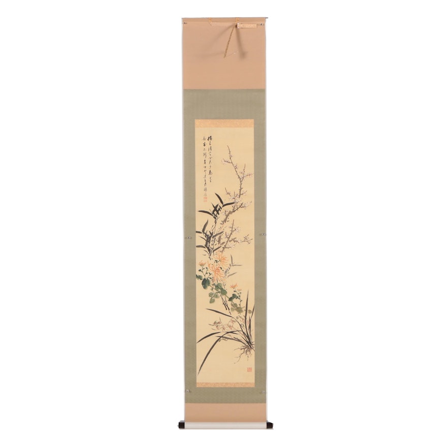 East Asian Ink and Gouache Painted Hanging Scroll of Chrysanthemums and Plum