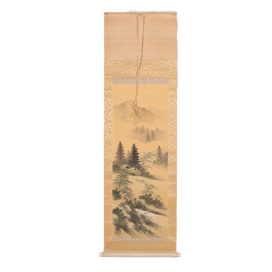 East Asian Ink and Gouache Painted Landscape Hanging Scroll