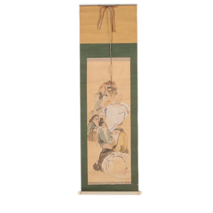 Japanese Ink and Gouache Painting Hanging Scroll of the Seven Lucky Gods