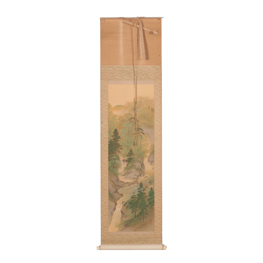 Japanese Ink and Gouache Landscape Hanging Scroll
