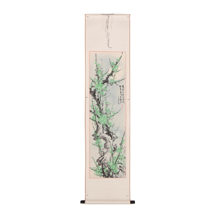 East Asian Ink and Gouache Painted Hanging Scroll of Flowering Branch