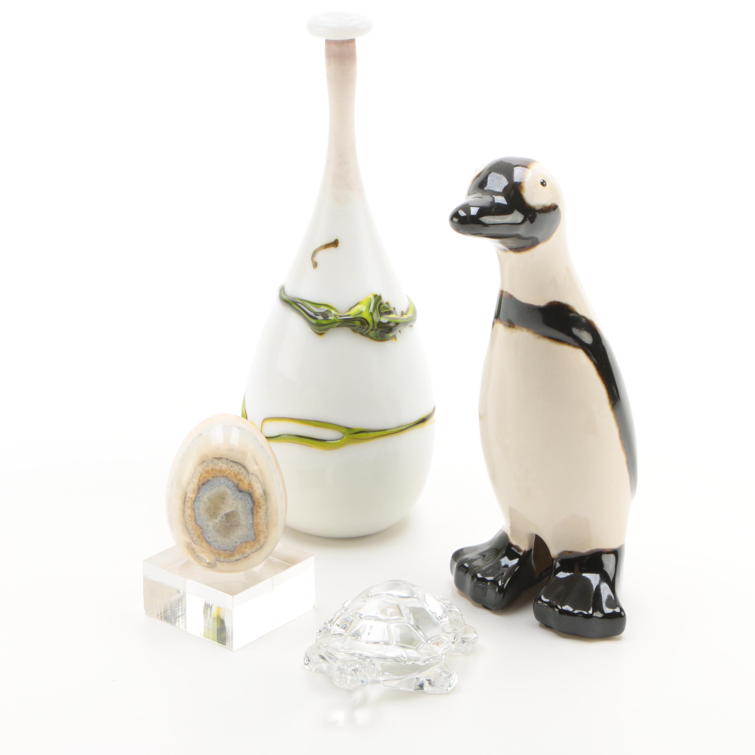 Glass Vase, Ceramic Penguin, Crystal Turtle and Banded Calcite Egg with Stand