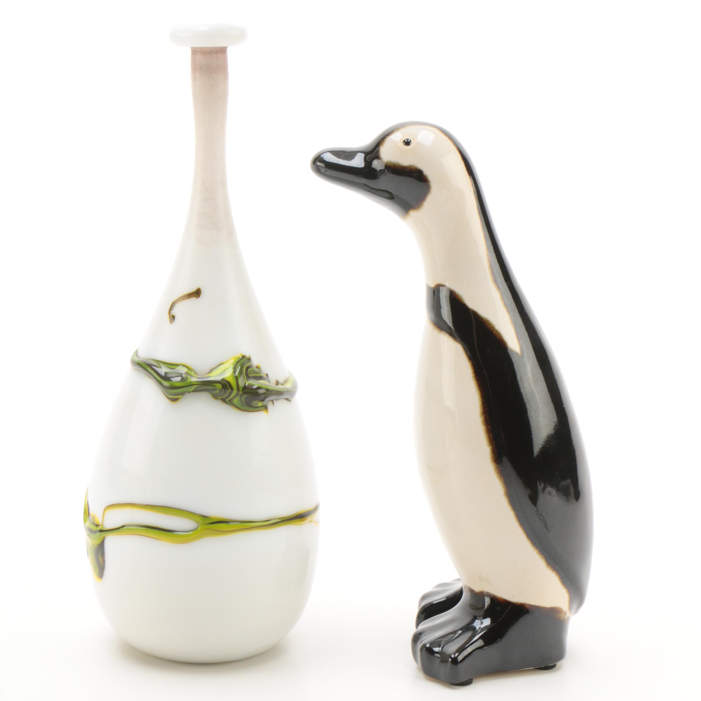 Glass Vase, Ceramic Penguin, Crystal Turtle and Banded Calcite Egg with Stand