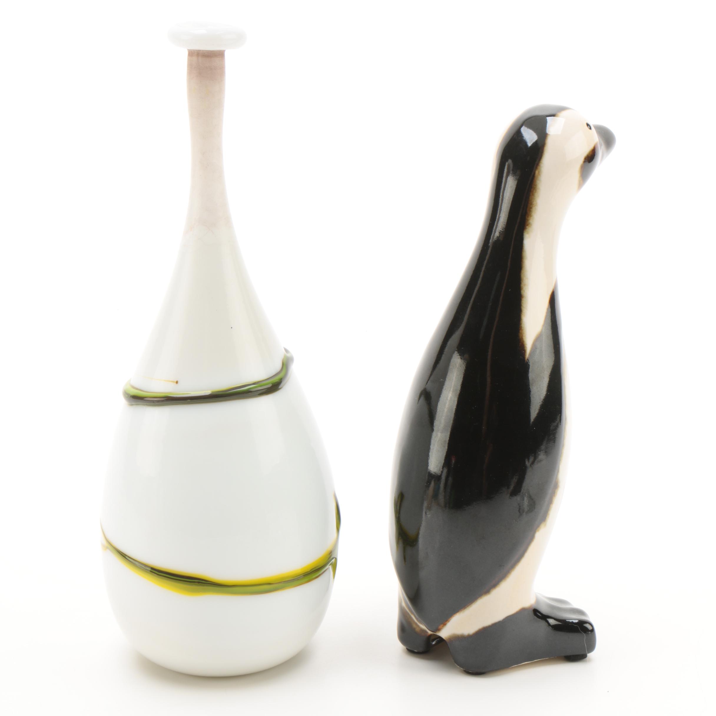 Glass Vase, Ceramic Penguin, Crystal Turtle and Banded Calcite Egg with Stand