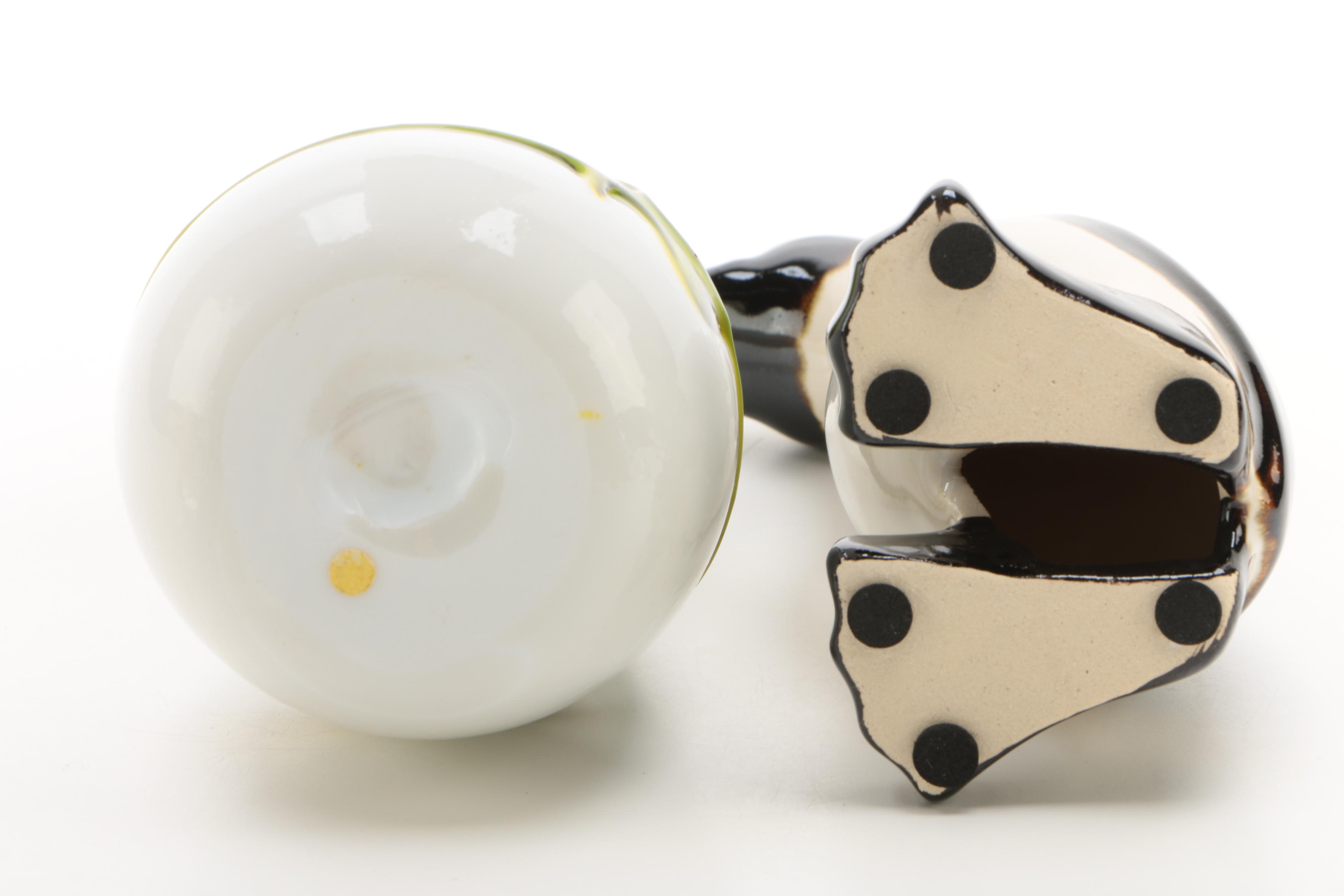 Glass Vase, Ceramic Penguin, Crystal Turtle and Banded Calcite Egg with Stand