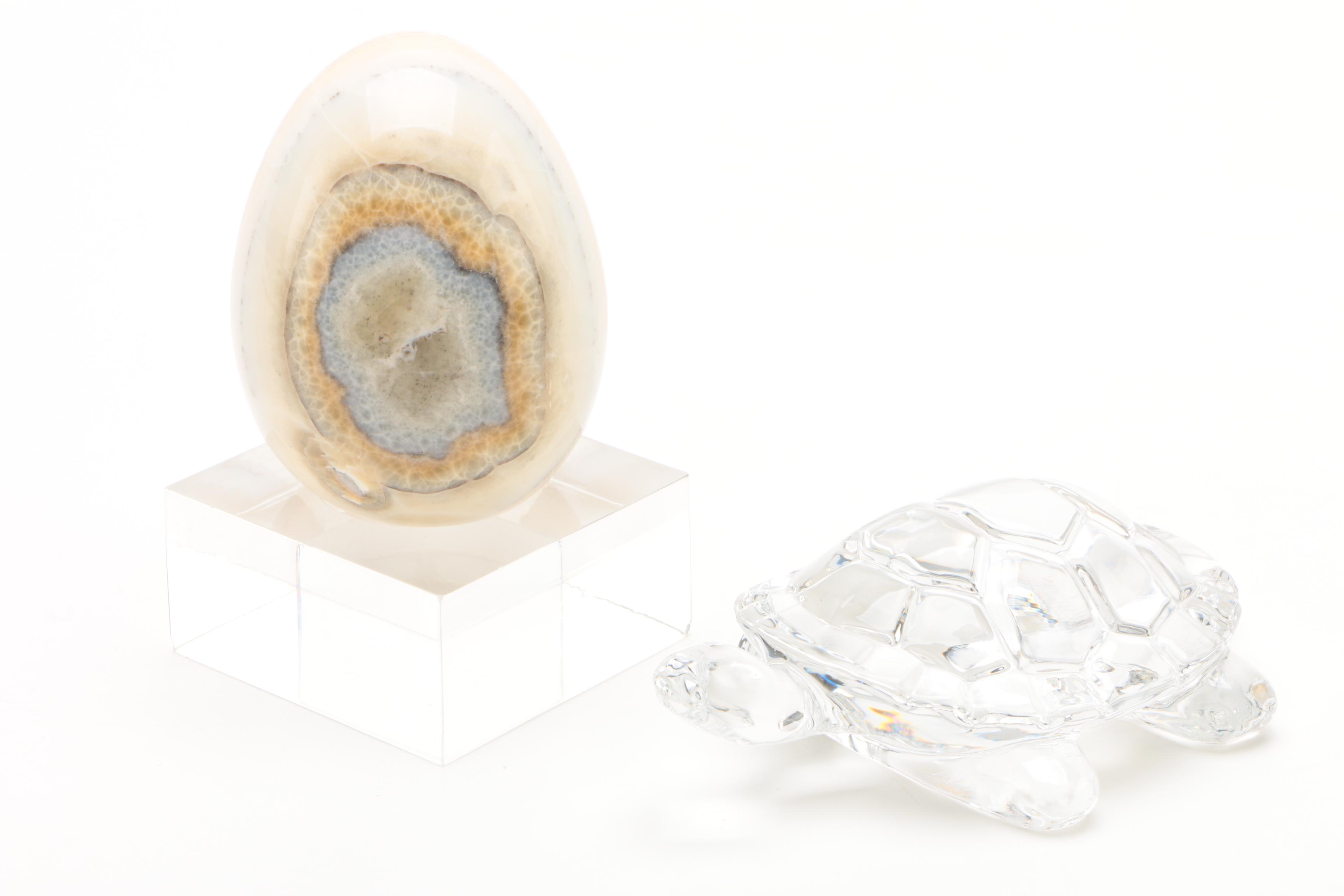 Glass Vase, Ceramic Penguin, Crystal Turtle and Banded Calcite Egg with Stand