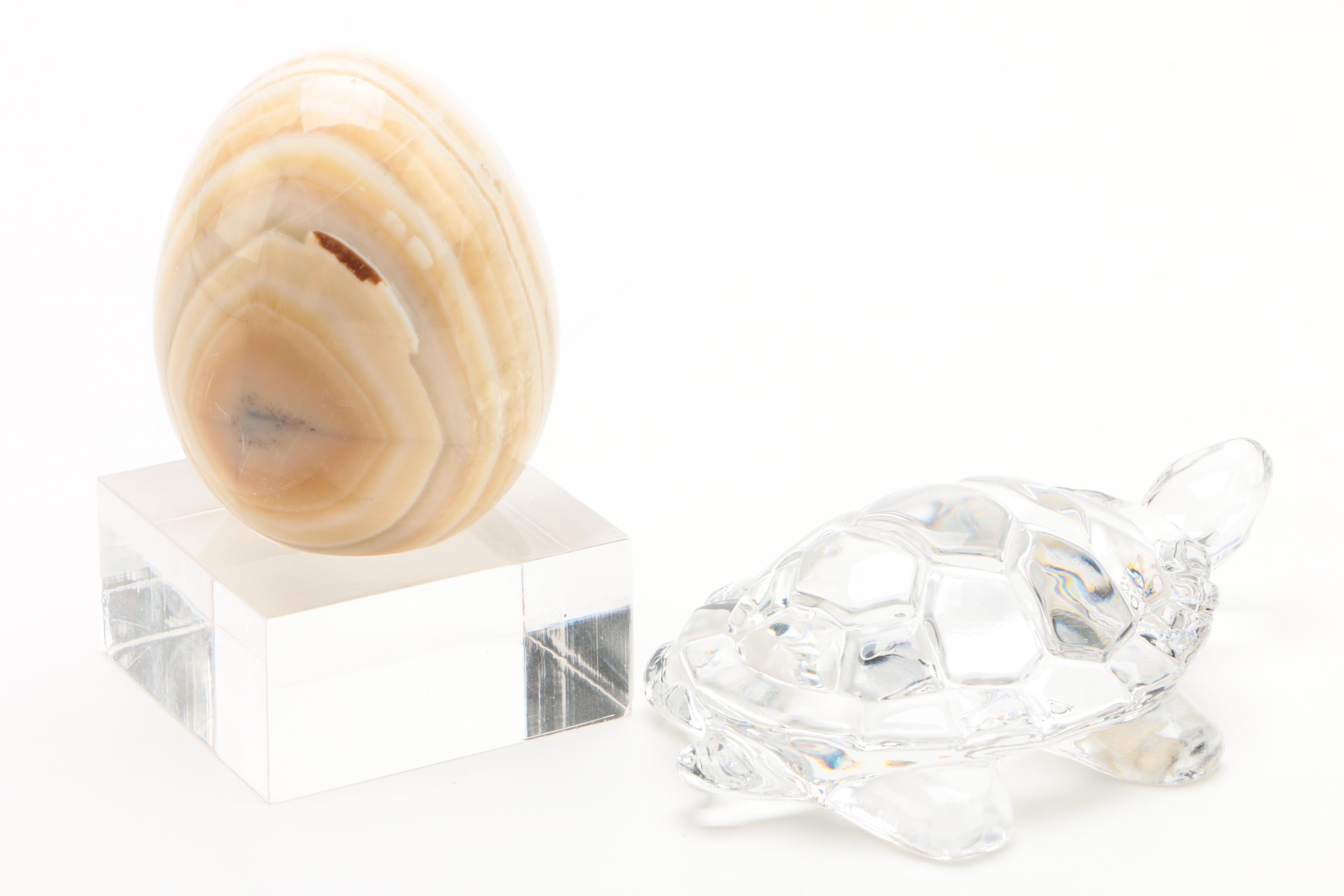 Glass Vase, Ceramic Penguin, Crystal Turtle and Banded Calcite Egg with Stand